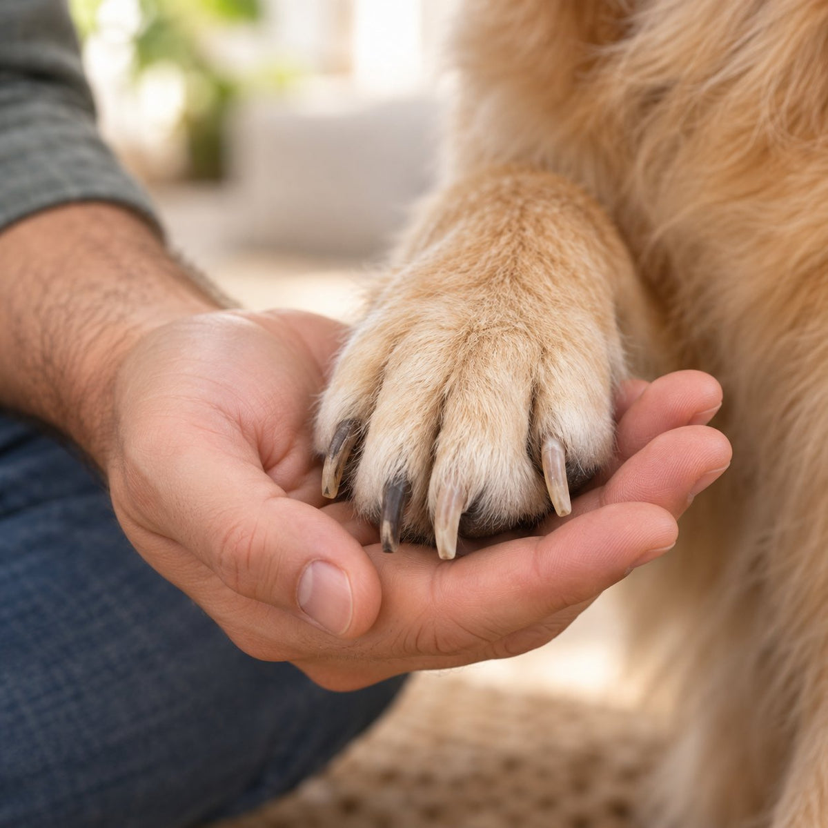 Pata de perro con uñas largas apoyada en la mano