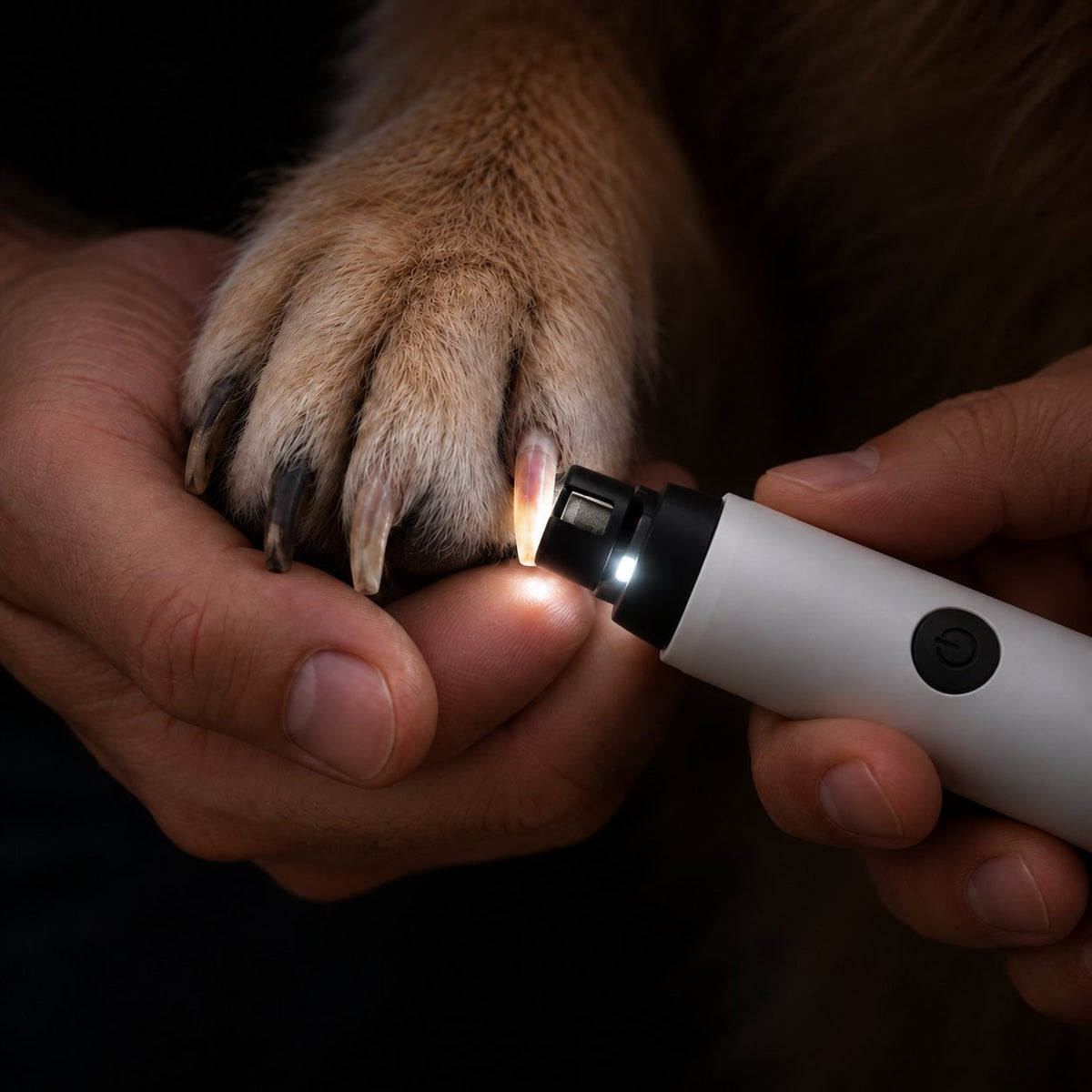 Luz LED del limador iluminando la uña del perro