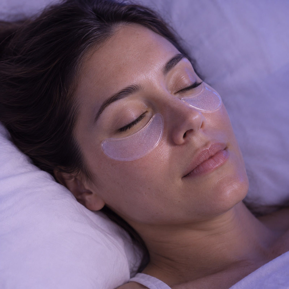 Mujer durmiendo con los parches de microagujas bajo los ojos