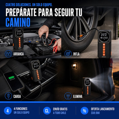 Kit de Emergencia Vehicular 4 en 1 | Partidor, Inflador, Powerbank y Linterna