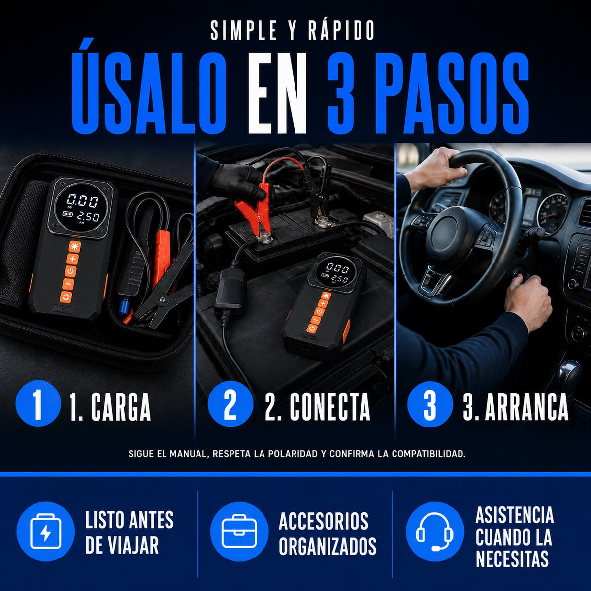 Kit de Emergencia Vehicular 4 en 1 | Partidor, Inflador, Powerbank y Linterna