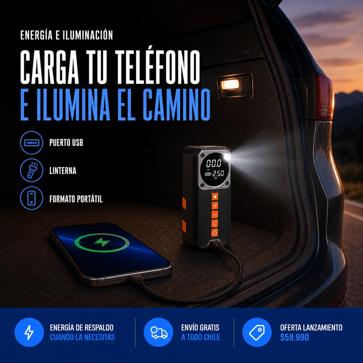 Kit de Emergencia Vehicular 4 en 1 | Partidor, Inflador, Powerbank y Linterna