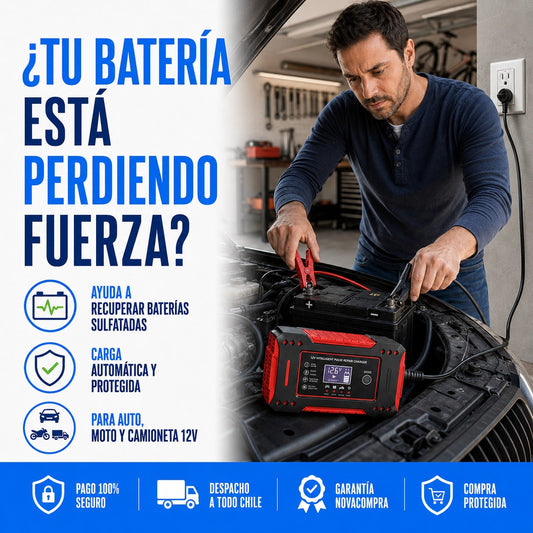 NovaBattery cargador inteligente 12V conectado a la batería de un auto