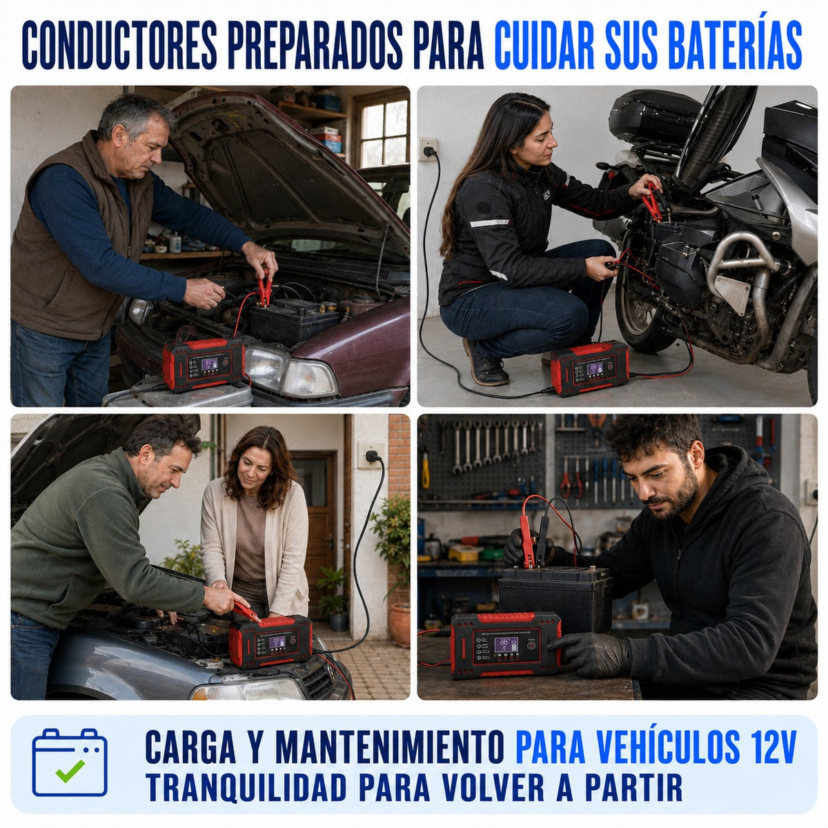 Pantalla digital del cargador NovaBattery mostrando el proceso de carga