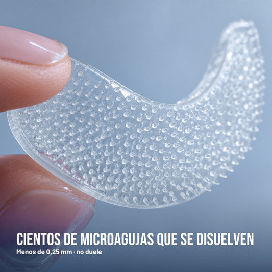 Parche de microagujas sostenido entre los dedos: cientos de microagujas de menos de 0,25 mm que se disuelven