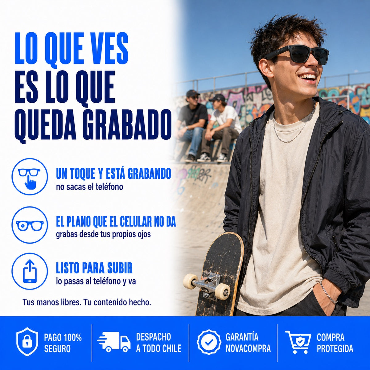 Joven en skatepark grabando en primera persona con las gafas inteligentes