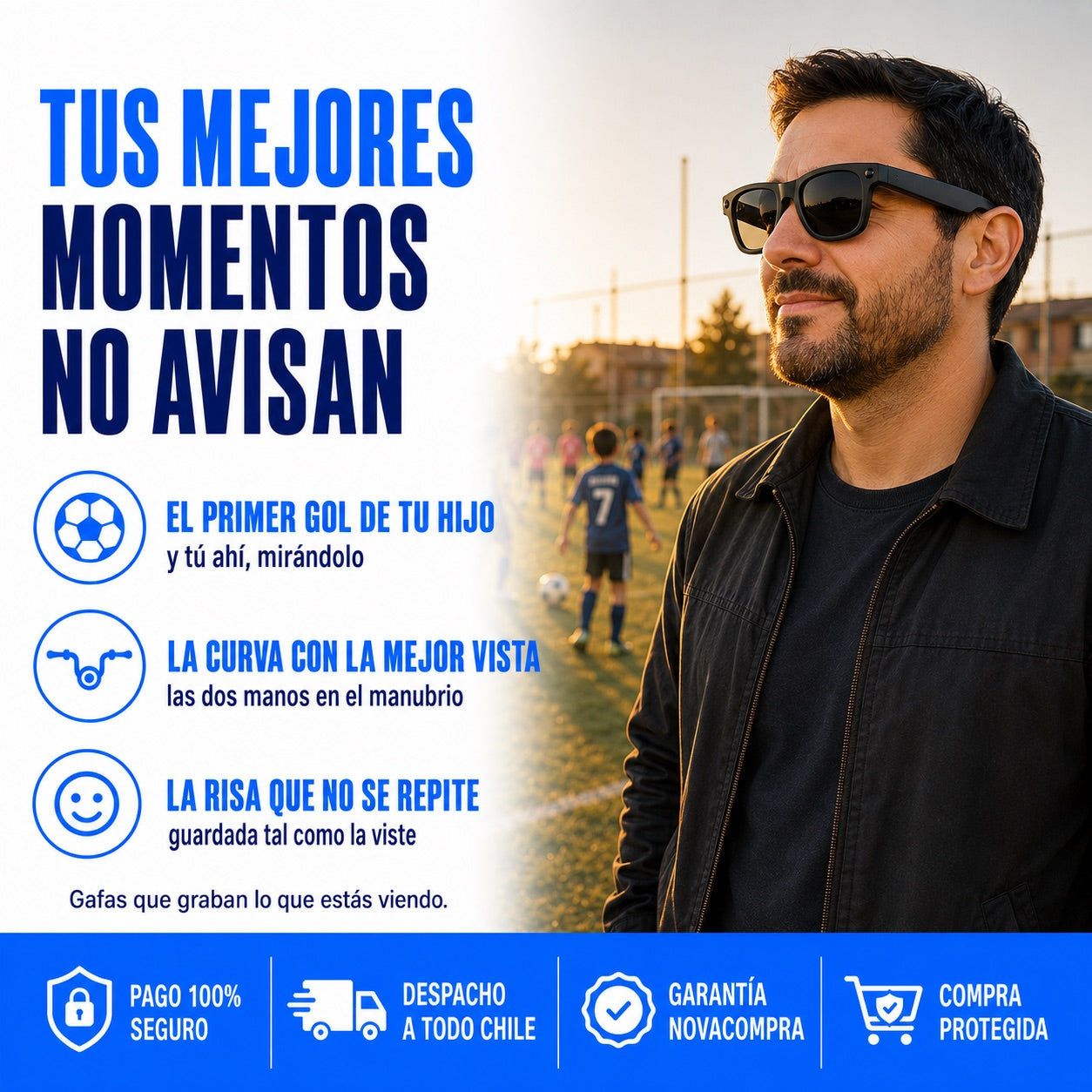 Papá con las gafas inteligentes grabando el partido de fútbol de su hijo