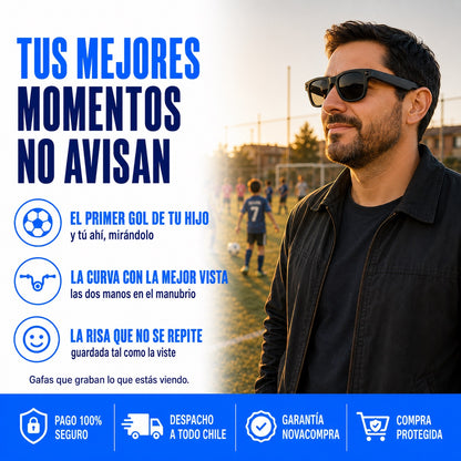 Papá con las gafas inteligentes grabando el partido de fútbol de su hijo