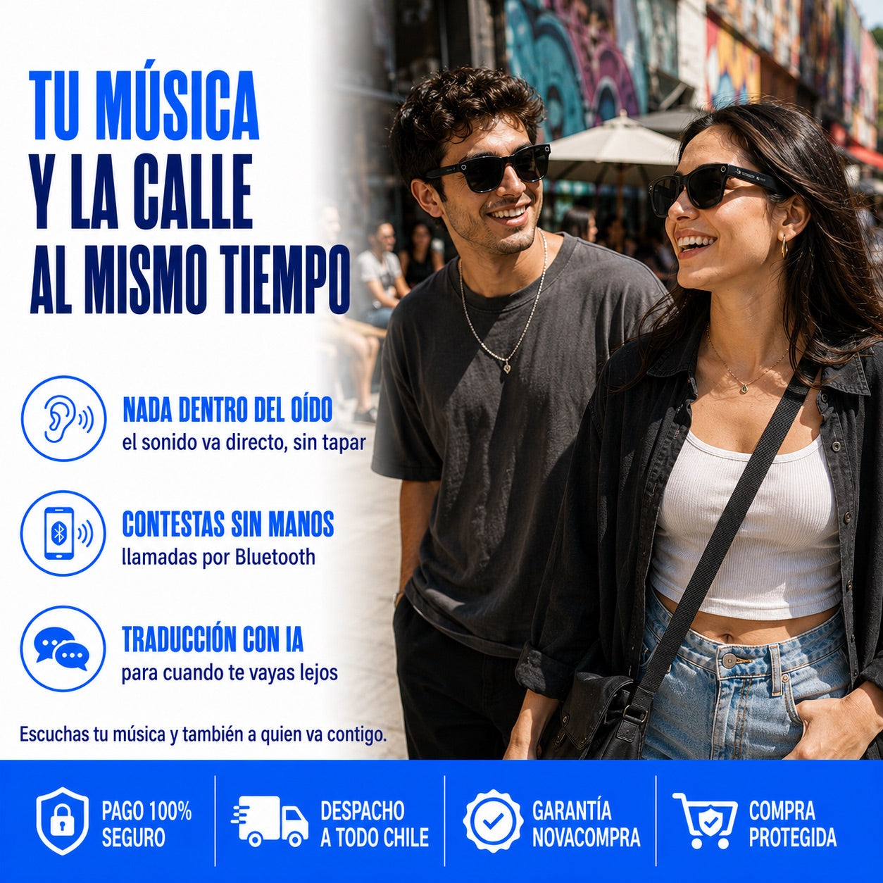 Pareja caminando y escuchando música con el audio de oído abierto de las gafas