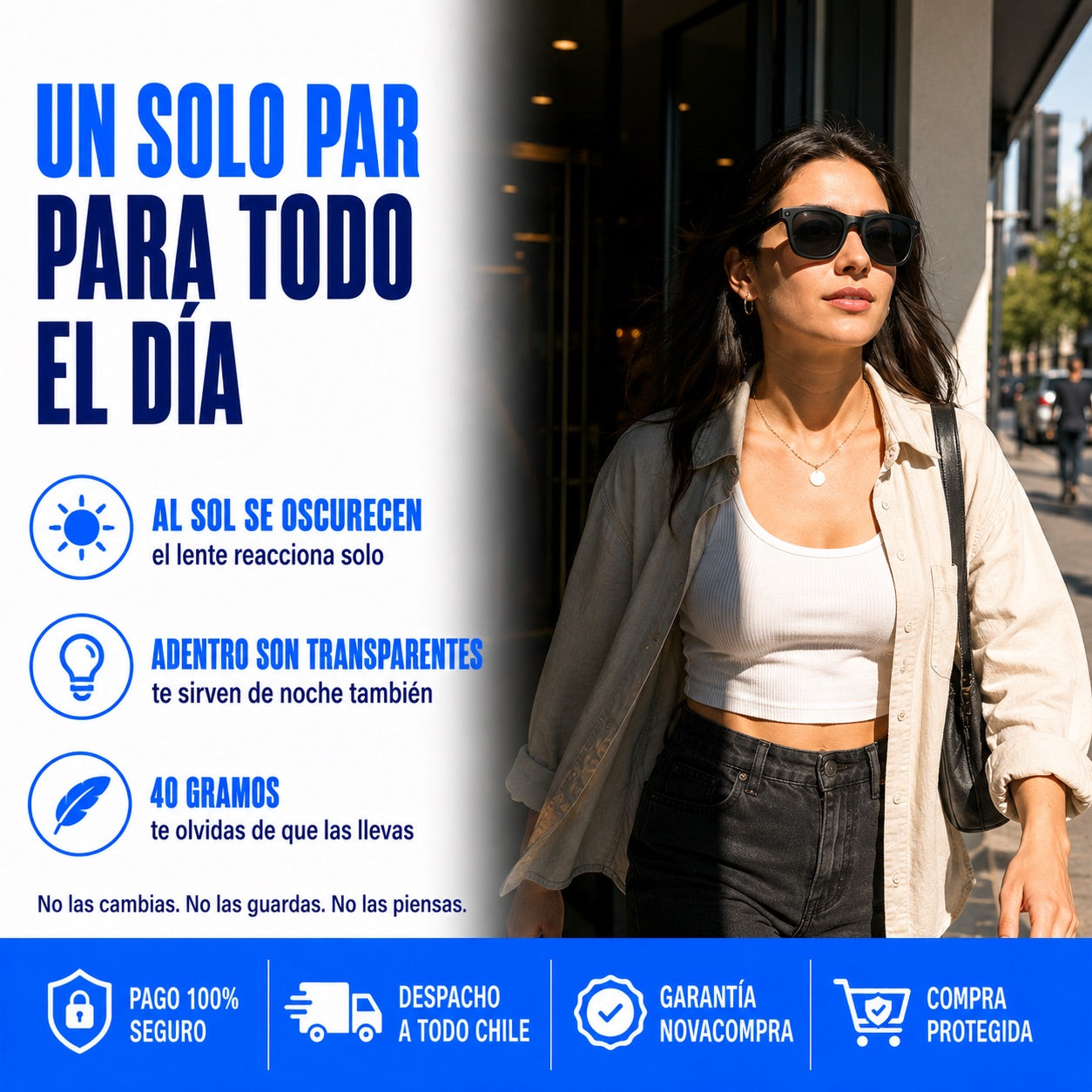 Mujer en la ciudad con los lentes fotocromáticos oscurecidos por el sol