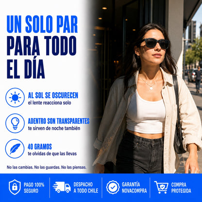 Mujer en la ciudad con los lentes fotocromáticos oscurecidos por el sol
