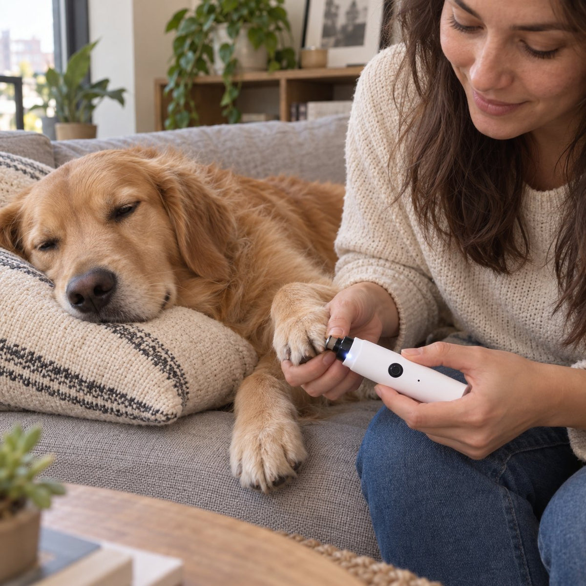 Perro relajado en el sofá mientras le liman las uñas