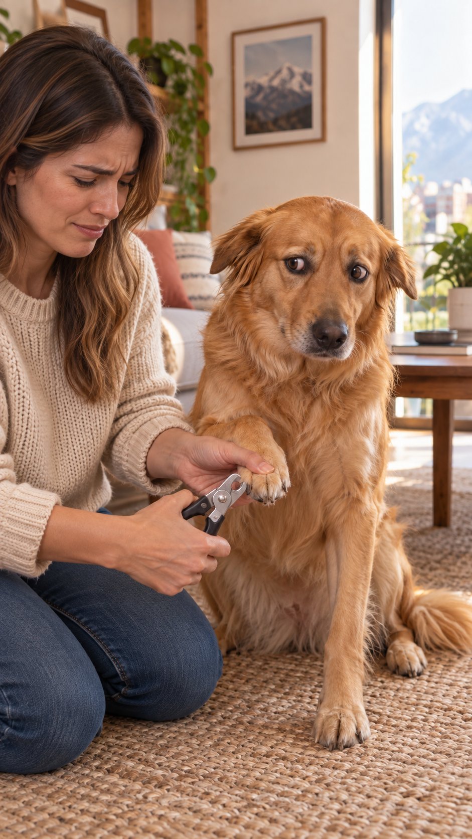 Perro tenso mientras le acercan un cortaúñas tradicional