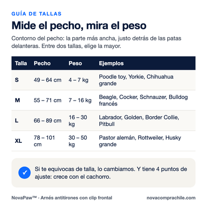 Guía de tallas por pecho y peso