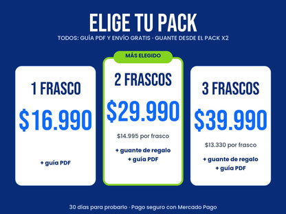 Packs de 1, 2 y 3 frascos: guía PDF en todos y guante desde el pack x2